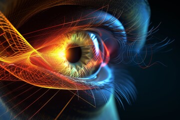 Human Cyborg AI Eye scotopic vision. Eye element optic nerve lens ophthalmology color vision. Visionary iris color vision neuroscience sight upper eyelid blepharoplasty eyelashes