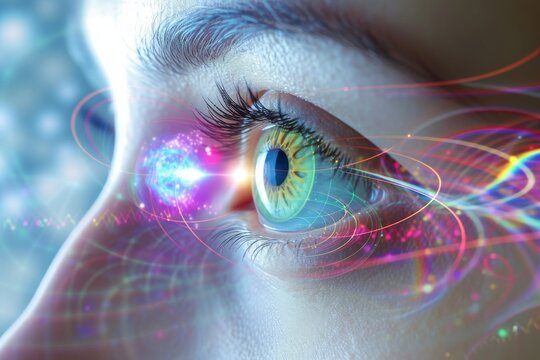 Human Cyborg AI Eye blue yellow color blindness. Eye visual perception optic nerve lens corneal cross linking color vision. Visionary iris pupil behavior sight eyesight eyelashes