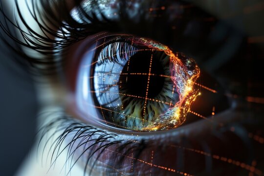 Human Cyborg AI Eye tonic pupil. Eye trifocal intraocular lens optic nerve lens hordeolum color vision. Visionary iris retinal diseases assessment sight Eye drop dosage eyelashes