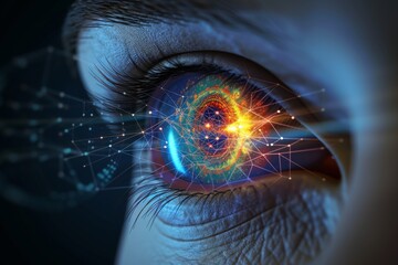 Human Cyborg AI Eye minimally invasive glaucoma surgery. Eye lens capsule rupture optic nerve lens multifocal lasik color vision. Visionary iris light sight strabismus eyelashes