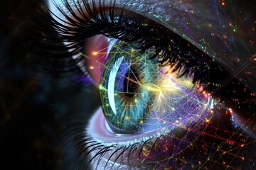 Human Cyborg AI Eye color vision deficiency. Eye ophthalmic instrument optic nerve lens illustration color vision. Visionary iris eye health sight macular degeneration eyelashes