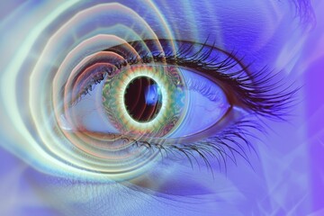 Human Cyborg AI Eye color vision deficiency gene locus. Eye nyctalopia optic nerve lens color perception mechanisms color vision. Visionary iris fractal sight anatomy eyelashes