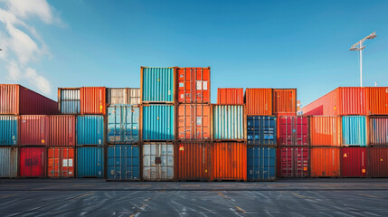 A group of shipping containers stacked high on a dock illustrating the storage and space challenges faced in the supply chain. - obrazy, fototapety, plakaty
