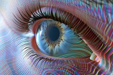 Human Cyborg AI Eye visual sensitivity. Eye lasik outcomes optic nerve lens color vision deficiency challenges color vision. Visionary iris monocular vision sight eye eyelashes - obrazy, fototapety, plakaty