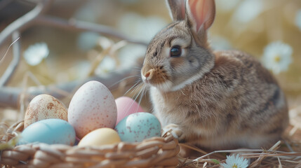 A brown Easter bunny sits with a basket full of colorful eggs and spring flowers, perfect for holiday celebrations with space for text..