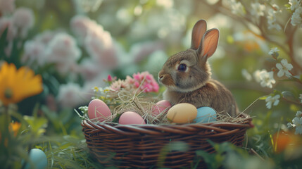 A brown Easter bunny sits with a basket full of colorful eggs and spring flowers, perfect for holiday celebrations with space for text..