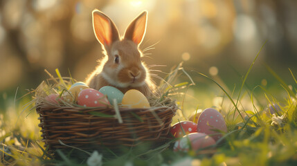 A brown Easter bunny sits with a basket full of colorful eggs and spring flowers, perfect for holiday celebrations with space for text..