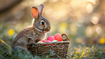Fototapeta na wymiar A brown Easter bunny sits with a basket full of colorful eggs and spring flowers, perfect for holiday celebrations with space for text..