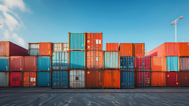 A group of shipping containers stacked high on a dock illustrating the storage and space challenges faced in the supply chain.