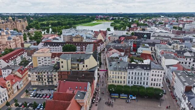 Aerial drone view of the historical city centre of Schwerin , Mecklenburg-Vorpommern  , northern Germany