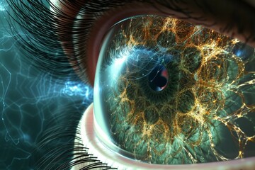 Human Cyborg AI Eye iris. Eye visual field optic nerve lens posterior dislocation of lens color vision. Visionary iris pupillary light reflex sight laser eye surgery eyelashes