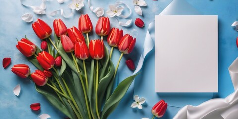 Naklejka na ściany i meble Happy mothers day. Spring petal top view Tulips bunch flatlay 8 march mom s bouquet. Flowers background. Art colorful love card frame. Copy space Bright floral gift Above fresh leaf. Flat lay on table