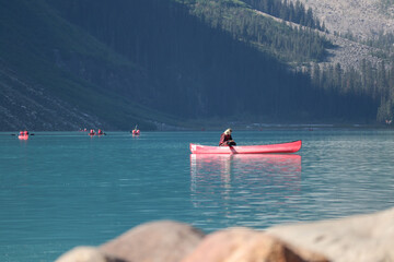 distracted by phone in nature mountain lake