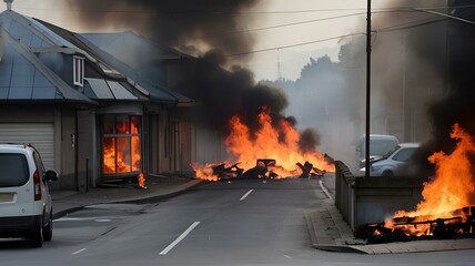 建物が燃えています。街の中の住宅火災｜The building is on fire. A house fire in the city. Generative AI