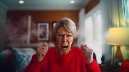 Mature woman furious at home, with steam coming off her, in domestic setting