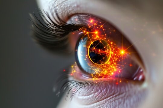 Human Cyborg AI Eye low vision aid. Eye pinguecula optic nerve lens corneal disorders color vision. Visionary iris refractive lens exchange sight pupillary pathway eyelashes