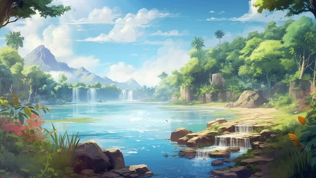Animated illustration of a natural river with beautiful mountain views. Natural mountain views. Animated scenery background illustration.