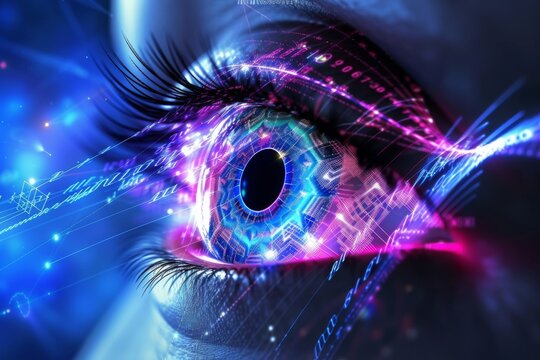Human Cyborg AI Eye optic disc. Eye color vision deficiency gene locus optic nerve lens scope color vision. Visionary iris scotopic erg sight Combination eye drop eyelashes