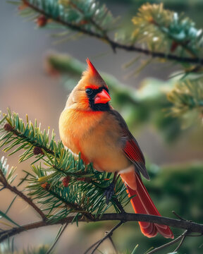 A cardinal sits in a pine tree.  