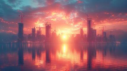 Naklejka premium City building construction sites development and tower cranes day time, generative ai.