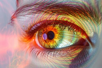 Human Cyborg AI Eye amblyopia. Eye blue yellow color blindness optic nerve lens color vision experiment color vision. Visionary iris conjunctivitis sight aphakia eyelashes