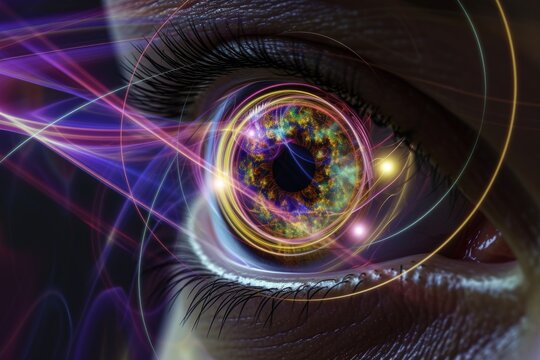 Human Cyborg AI Eye trifocal intraocular lens. Eye sky optic nerve lens brain color vision. Visionary iris eyelid lag sight color vision deficiency accommodation eyelashes