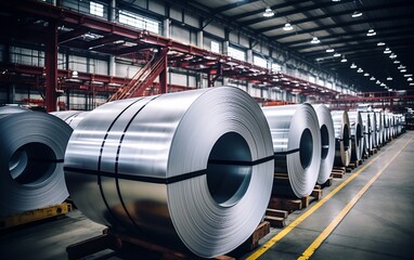 Rolls of galvanized steel sheet inside the factory or warehouse,close up