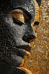 Female mosaic portrait, surreal art poster, abstract black and golden modern woman concept art	
