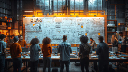 Documentary magazine captures meeting room scene: whiteboard with mobile app development diagram, team discussing strategies.generative ai