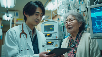 Handsome asian doctor with tablet converses cheerfully with elderly dialysis patient in hospital, amidst dialysis equipment.generative ai - obrazy, fototapety, plakaty