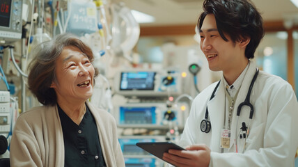 Fototapeta premium Handsome asian doctor with tablet converses cheerfully with elderly dialysis patient in hospital, amidst dialysis equipment.generative ai