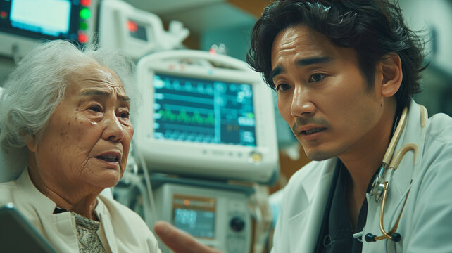 Handsome asian doctor with tablet converses cheerfully with elderly dialysis patient in hospital, amidst dialysis equipment.generative ai