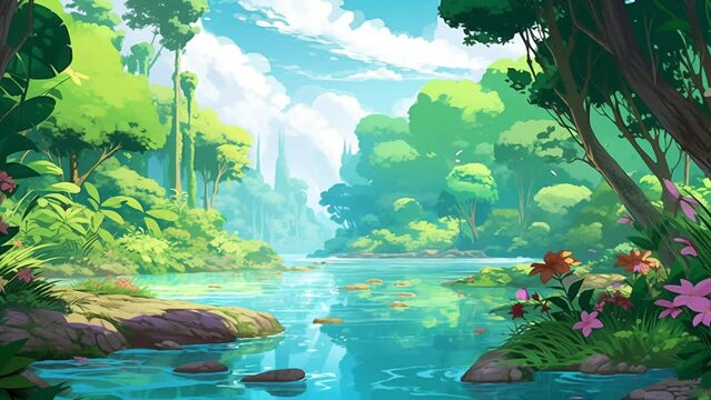 Animated illustration of a natural river with beautiful mountain views. Natural mountain views. Animated scenery background illustration.
