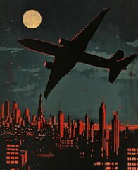Pop art illustration of a large jet plane flying at night over a city skyline with a full moon....
