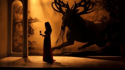 Nightmarish indoor photograph of a woman in silhouette standing in front of the shadow of a monstrous supernatural stag, dark palette. From the series “Bad LSD," "Recurring Dreams."