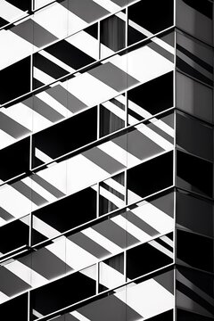 Outdoor black and white photograph of a modernist building façade with a grid of windows, sun and shadows. From the series “Abstract Architecture."