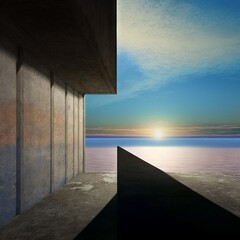 Extreme long shot outdoor photograph of abstract concrete earth art by the sea, distant horizon. From the series “Abstract Architecture."