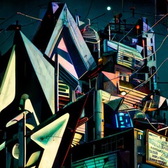 Low-angle, bottom-up illustration of a German expressionist style building at night, contrasting...
