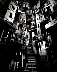 Black and white photograph of a stage set of a city in German expressionist style, high contrast chiaroscuro. From the series “Abstract Architecture," "Interiors."