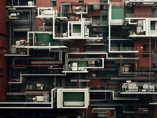 Outdoor color photograph of an alien city building façade, modular and symmetric electronic circuit style, with sharp color contrasts. From the series "Machine City."