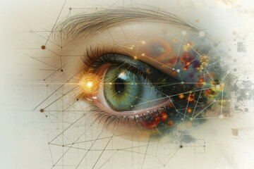 Human Cyborg AI Eye eyeball movement. Eye view optic nerve lens visionary development color vision. Visionary iris color vision deficiency education sight lens eyelashes