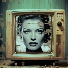 Damaged expired-film close-up color photograph of a 1950s television set showing a glitchy image of a woman staring at the viewer. From the series “Bad LSD," "Recurring Dreams," "Twilight Zone."
