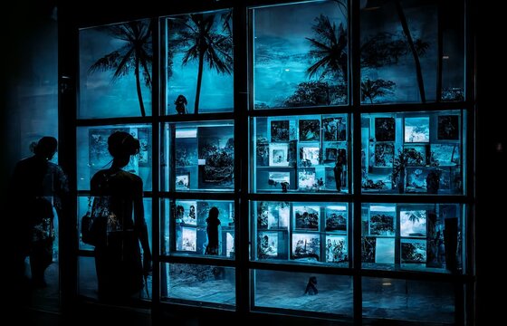 Indoor cyanotype photograph of a woman looking through a large window at an outdoor art installation of many pictures mounted on a wall, tropical background. From the series “Imaginary Museums."