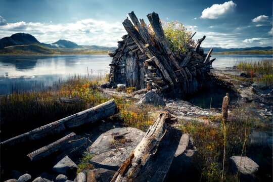Outdoor daytime color photograph of Canadian Arctic tundra with a ruined log cabin on the shore of a large lake, pale sunshine. From the series “Recurring Dreams."