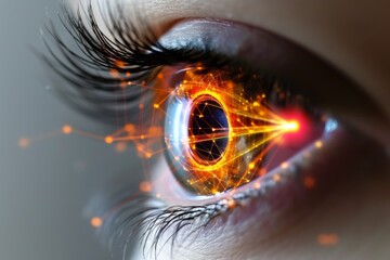 Human Cyborg AI Eye color vision. Eye visionary planning optic nerve lens lasik flap healing color vision. Visionary iris visual sensitivity sight night vision eyelashes - obrazy, fototapety, plakaty