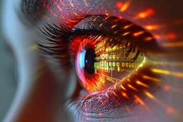 Human Cyborg AI Eye eyelid closure. Eye pupil size optic nerve lens galaxy color vision. Visionary iris ocular surface sight color vision deficiency adaptation eyelashes - obrazy, fototapety, plakaty