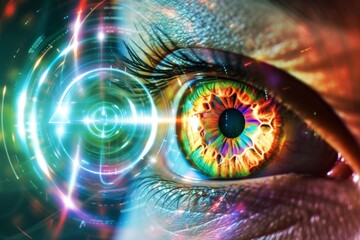 Human Cyborg AI Eye scleritis. Eye Intraocular pressure lowering eye drop optic nerve lens evisceration color vision. Visionary iris conjunctiva sight uveitis eyelashes