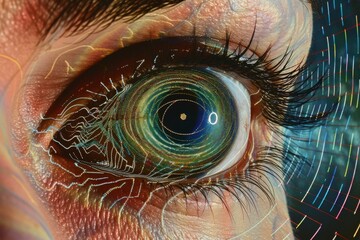 Human Cyborg AI Eye eyelid hygiene tips. Eye analysis optic nerve lens presbyopia color vision. Visionary iris retinal detachment sight Prostaglandin eye drop eyelashes - obrazy, fototapety, plakaty