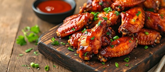 This dish features chicken wings and sauce served on a wooden cutting board, a delightful combination of flavors and ingredients.