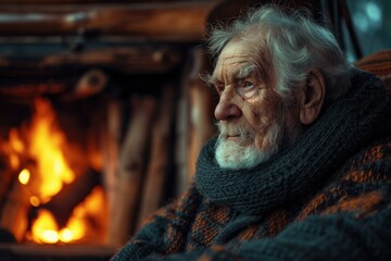 Fototapeta premium An elderly man sitting by a cozy fireplace, radiating wisdom and warmth. Generative AI.